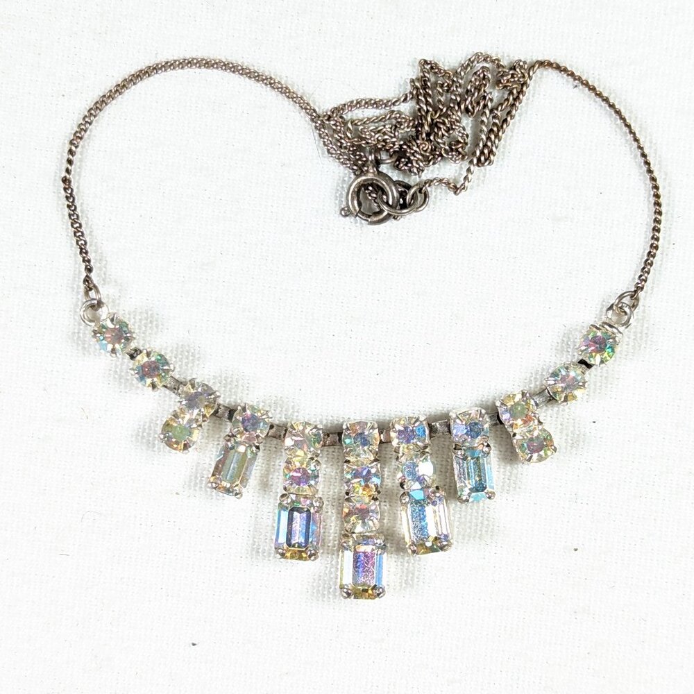 White / purple AB necklace, Aurora Borealis vintage waterfall necklace